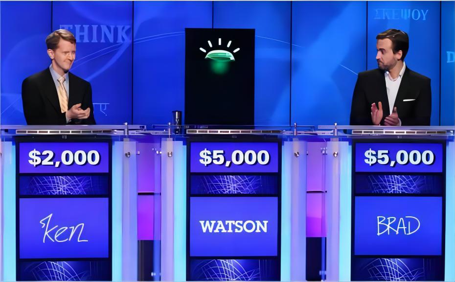 Ken Jennings and Brad Rutter competing against Watson